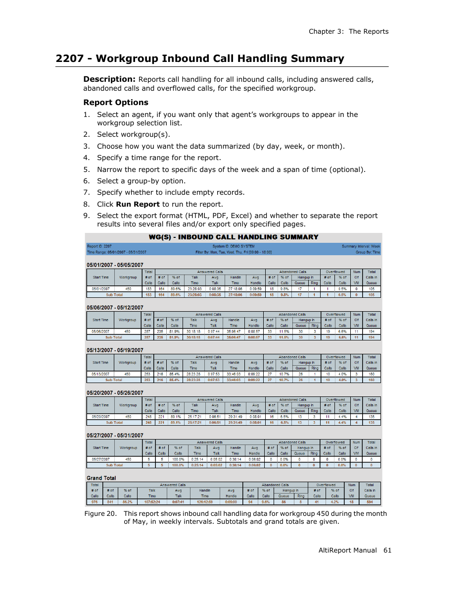 2207 - workgroup inbound call handling summary | AltiGen MAXCS 7.0 AltiReport User Manual | Page 65 / 110