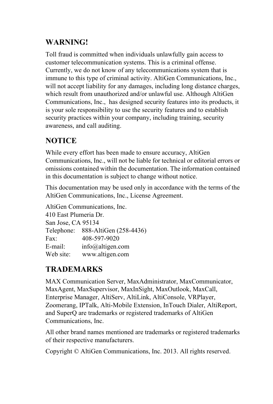 Warning, Notice, Trademarks | AltiGen MAXCS 7.0 CDR User Manual | Page 2 / 95