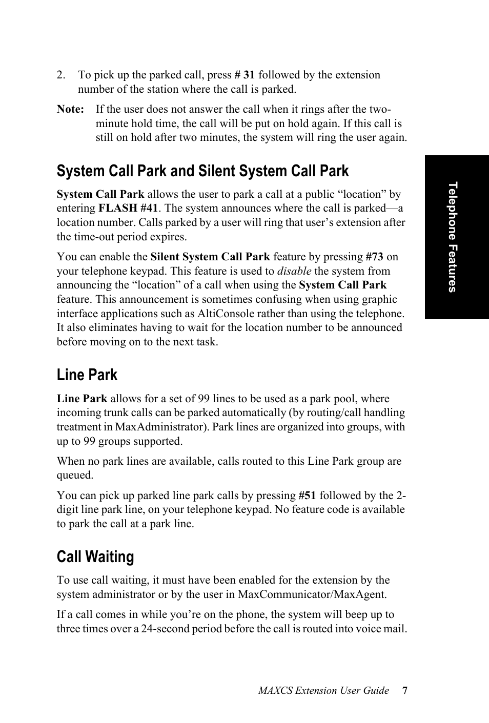 System call park and silent system call park, Line park, Call waiting | AltiGen MAXCS 7.0 Extension User Guide User Manual | Page 13 / 48