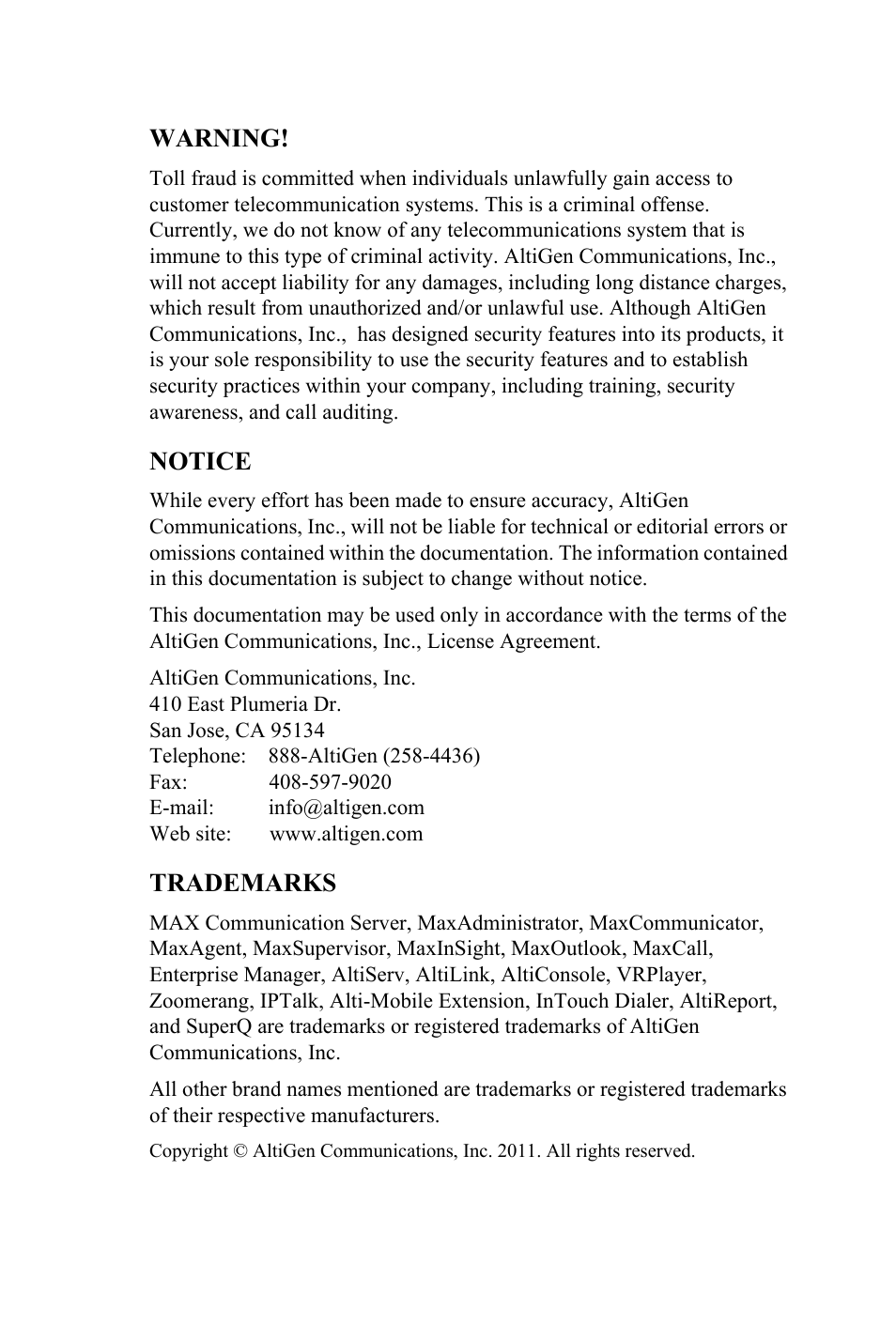 Warning, Notice, Trademarks | AltiGen MAXCS 7.0 Extension User Guide User Manual | Page 2 / 48