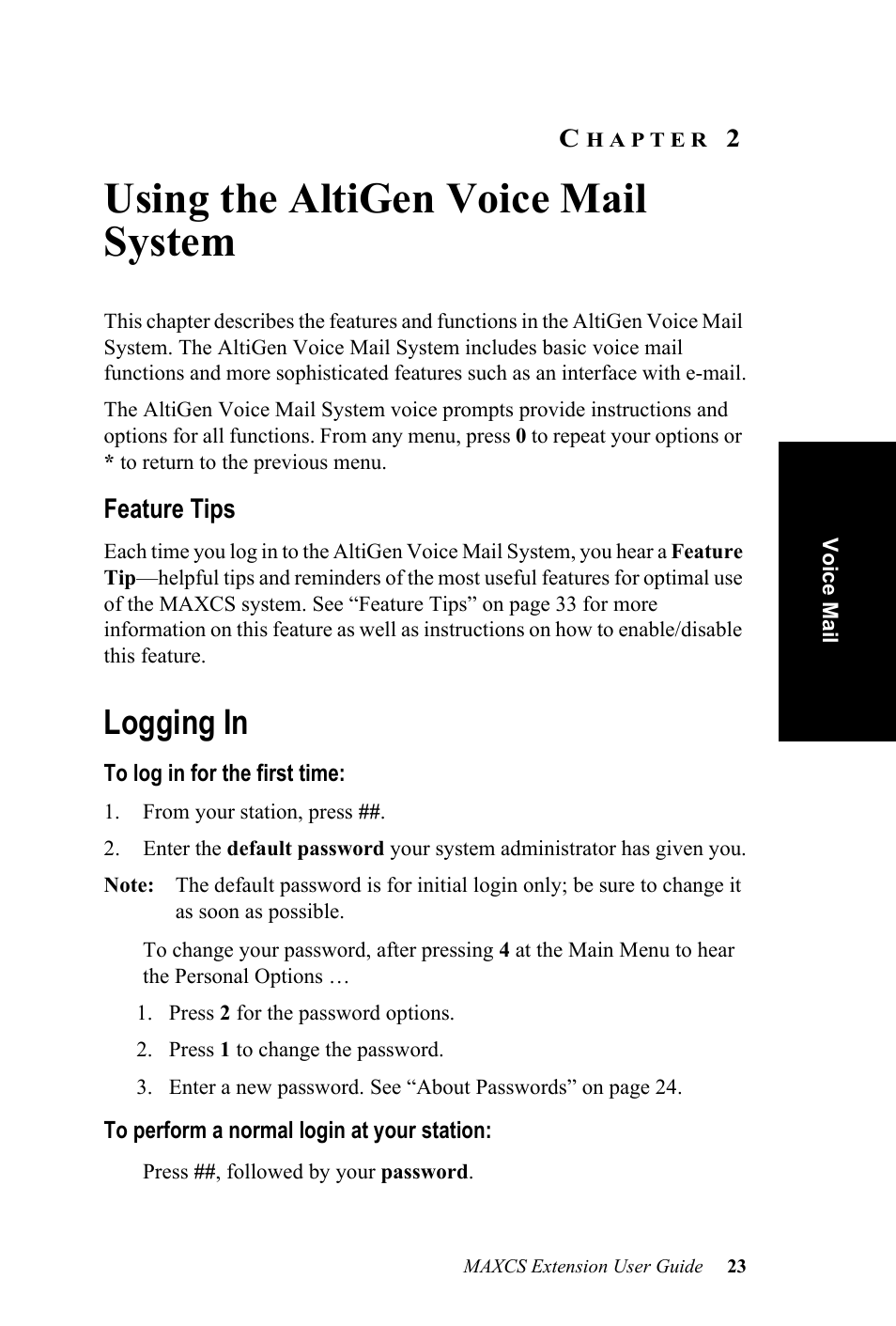 Using the altigen voice mail system, Logging in, Hapter | AltiGen MAXCS 7.0 Extension User Guide User Manual | Page 29 / 48