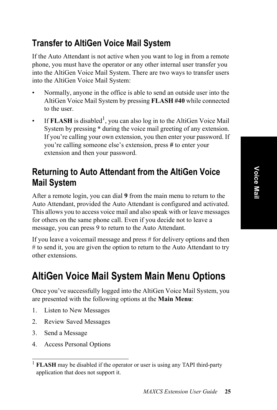 Transfer to altigen voice mail system, Altigen voice mail system main menu options | AltiGen MAXCS 7.0 Extension User Guide User Manual | Page 31 / 48