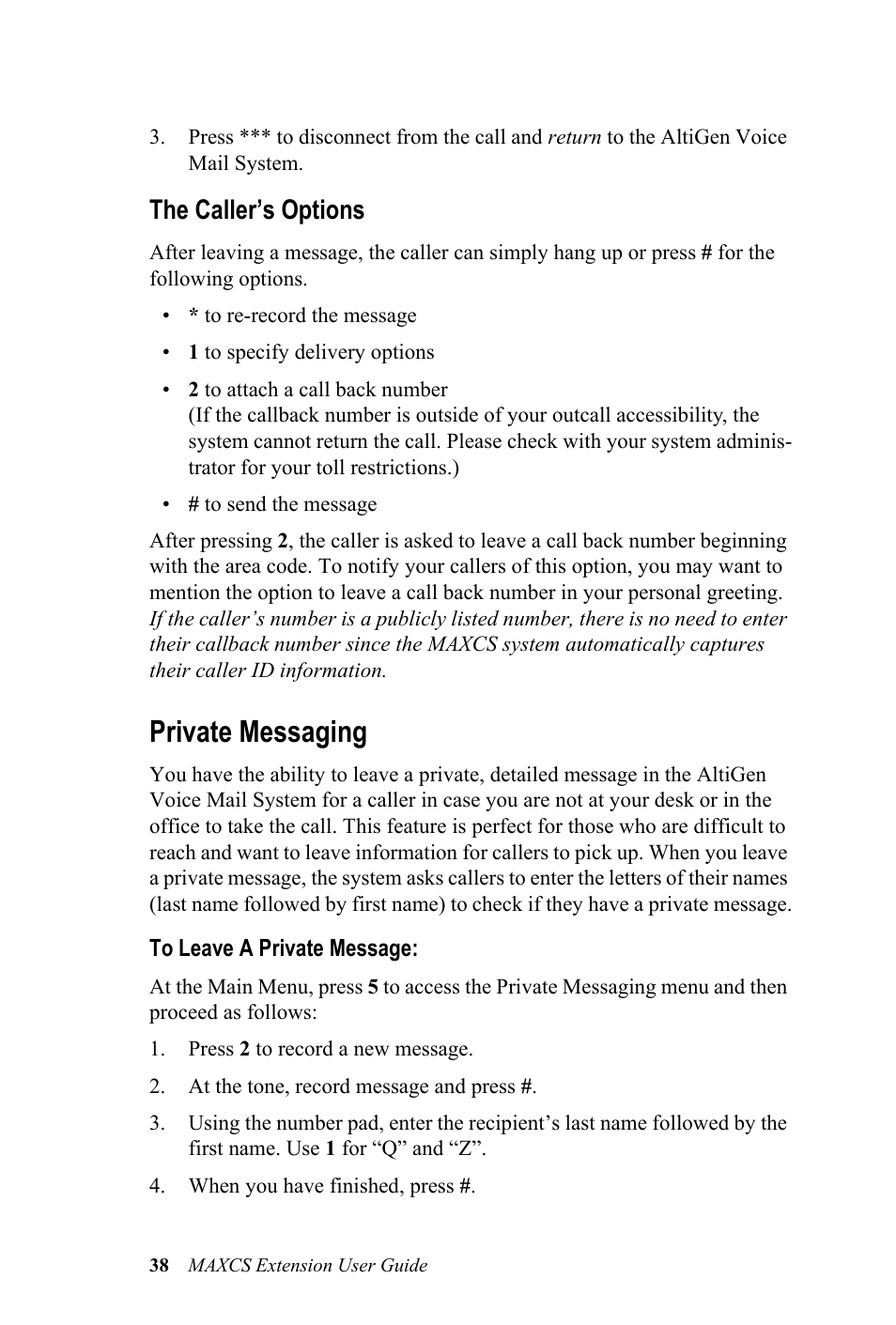 Private messaging, The caller’s options | AltiGen MAXCS 7.0 Extension User Guide User Manual | Page 44 / 48