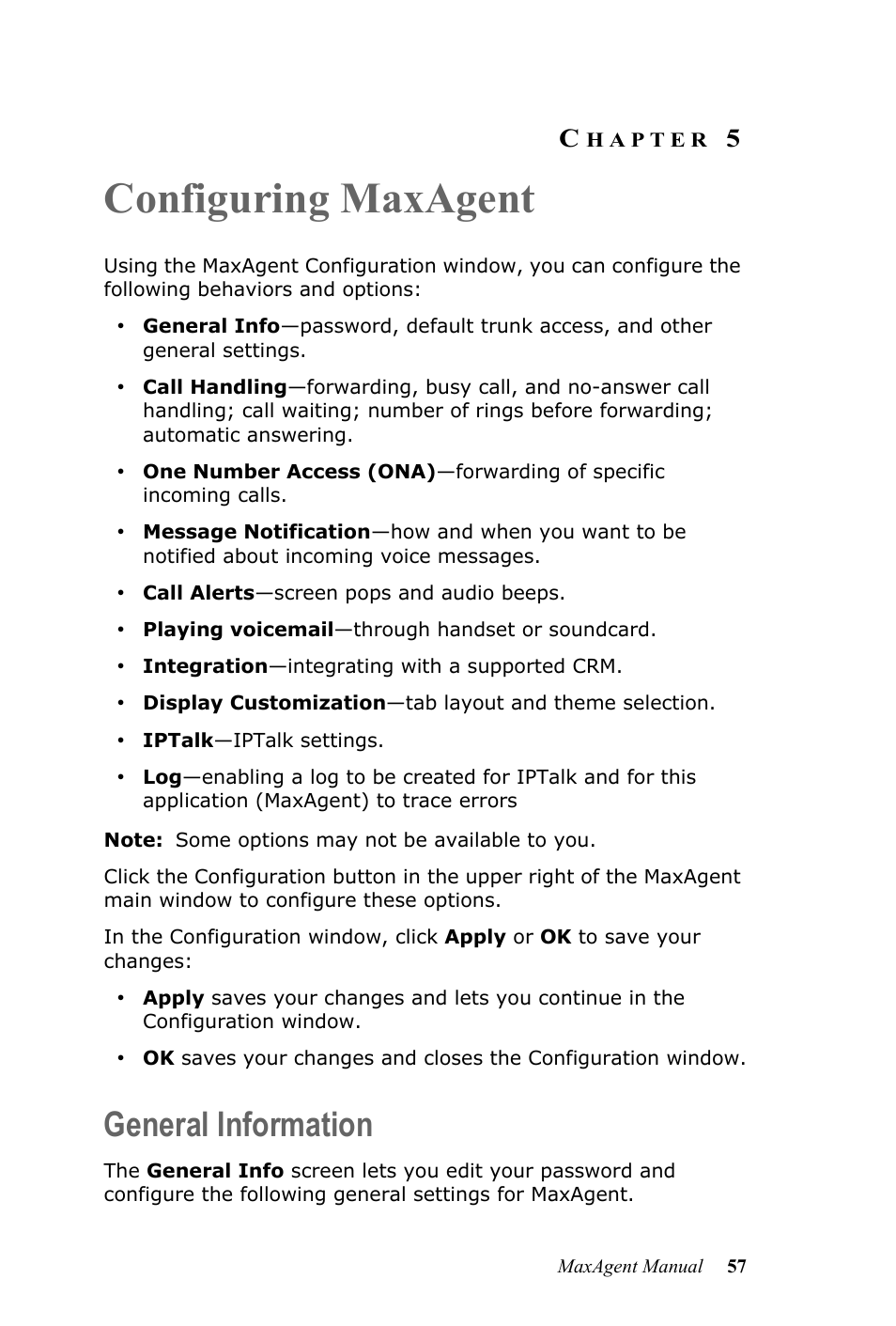 Configuring maxagent, General information, Hapter | AltiGen MAXCS 7.0 MaxAgent User Manual | Page 63 / 93