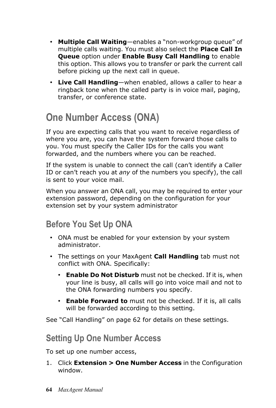 One number access (ona), Before you set up ona, Setting up one number access | Before you set up ona setting up one number access | AltiGen MAXCS 7.0 MaxAgent User Manual | Page 70 / 93