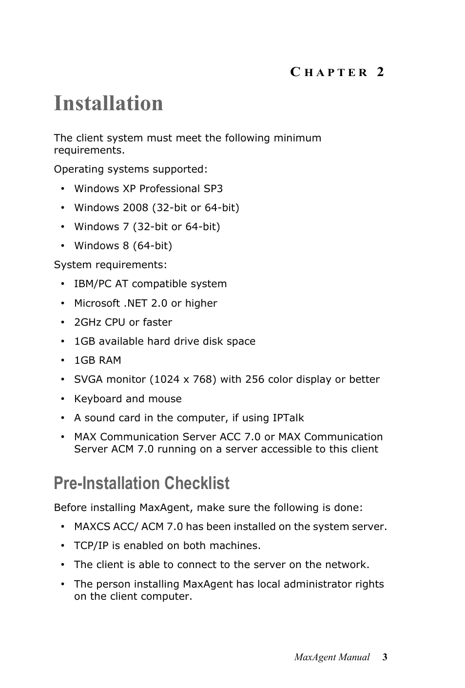 Installation, Pre-installation checklist, Hapter | AltiGen MAXCS 7.0 MaxAgent User Manual | Page 9 / 93