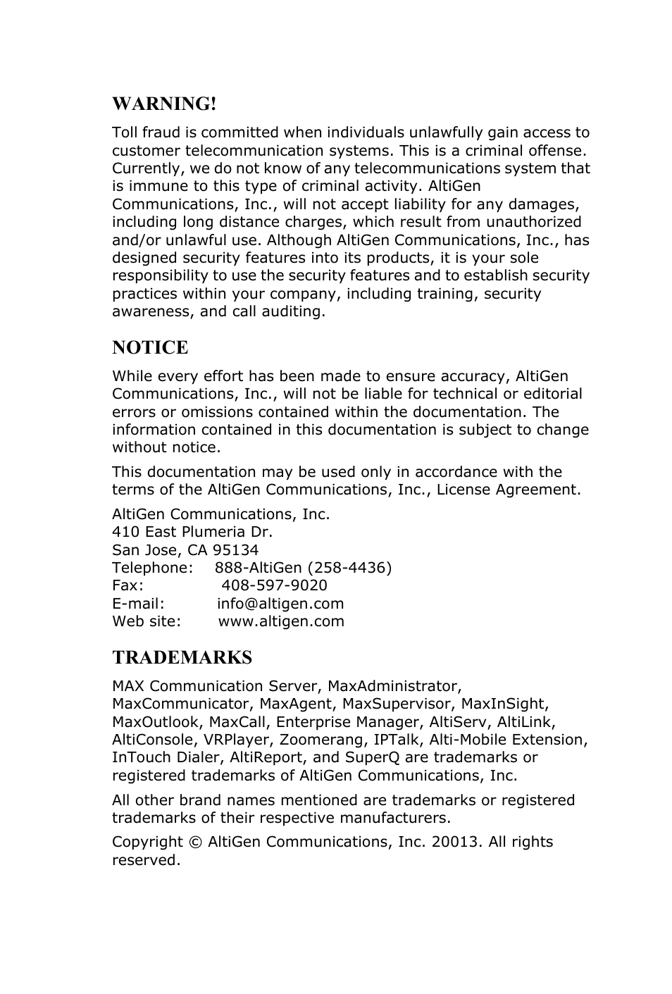 Warning, Notice, Trademarks | AltiGen MAXCS 7.0 MaxInSight User Manual | Page 2 / 34