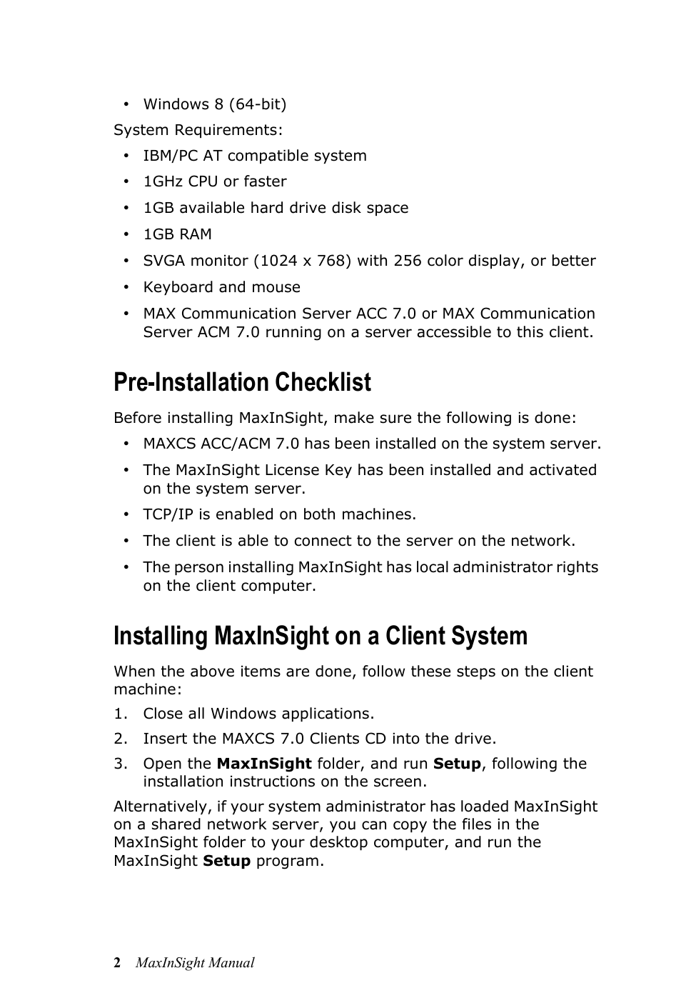 Pre-installation checklist, Installing maxinsight on a client system | AltiGen MAXCS 7.0 MaxInSight User Manual | Page 6 / 34