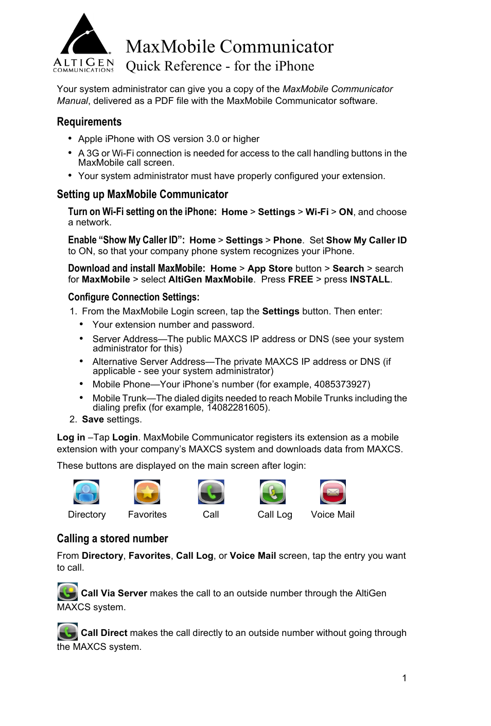 AltiGen MAXCS 7.0 MaxMobile Quick Reference for iPhone User Manual | 4 pages
