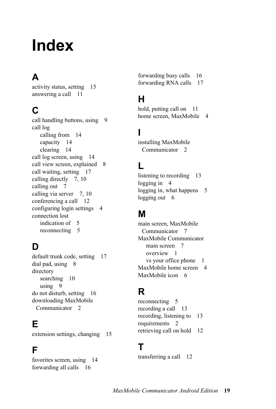 Index | AltiGen MAXCS 7.0 MaxMobile User Guide for Android Phone User Manual | Page 23 / 24