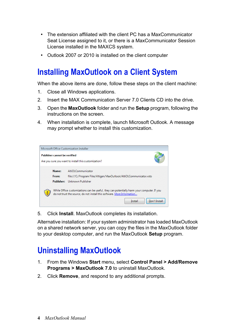 Installing maxoutlook on a client system, Uninstalling maxoutlook | AltiGen MAXCS 7.0 MaxOutlook User Manual | Page 10 / 81