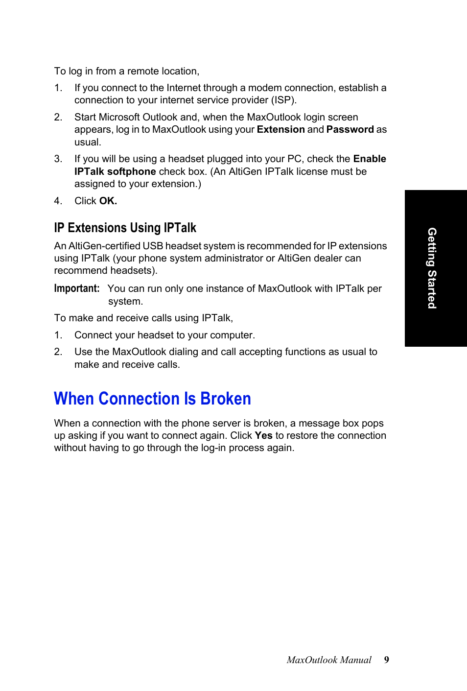 Ip extensions using iptalk, When connection is broken | AltiGen MAXCS 7.0 MaxOutlook User Manual | Page 15 / 81