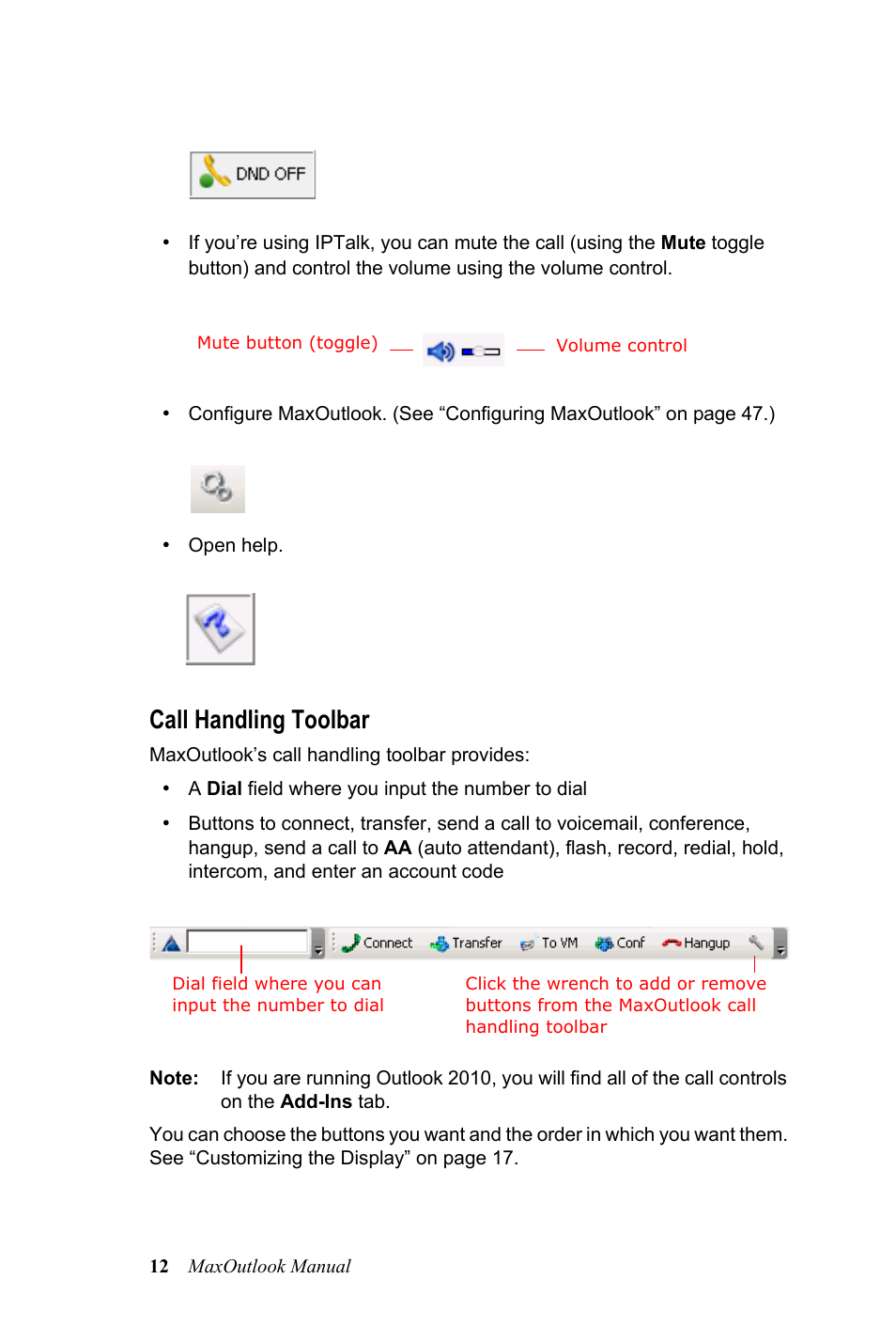 Call handling toolbar | AltiGen MAXCS 7.0 MaxOutlook User Manual | Page 18 / 81