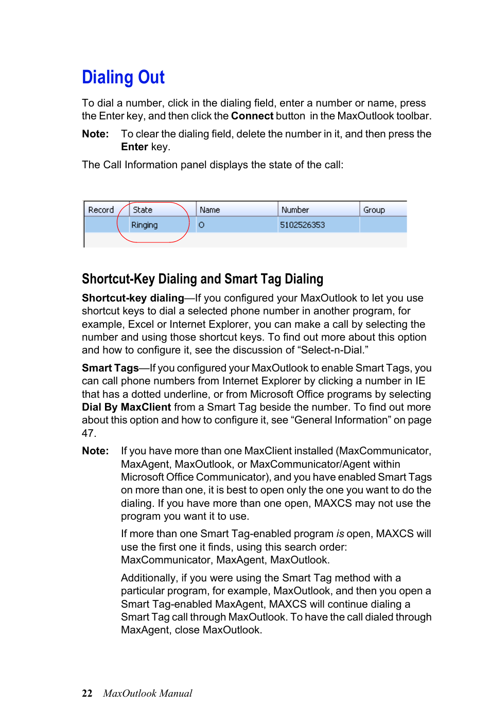 Dialing out, Shortcut-key dialing and smart tag dialing | AltiGen MAXCS 7.0 MaxOutlook User Manual | Page 28 / 81