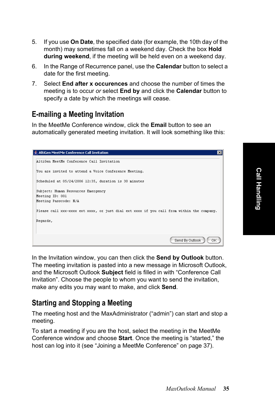 E-mailing a meeting invitation, Starting and stopping a meeting | AltiGen MAXCS 7.0 MaxOutlook User Manual | Page 41 / 81