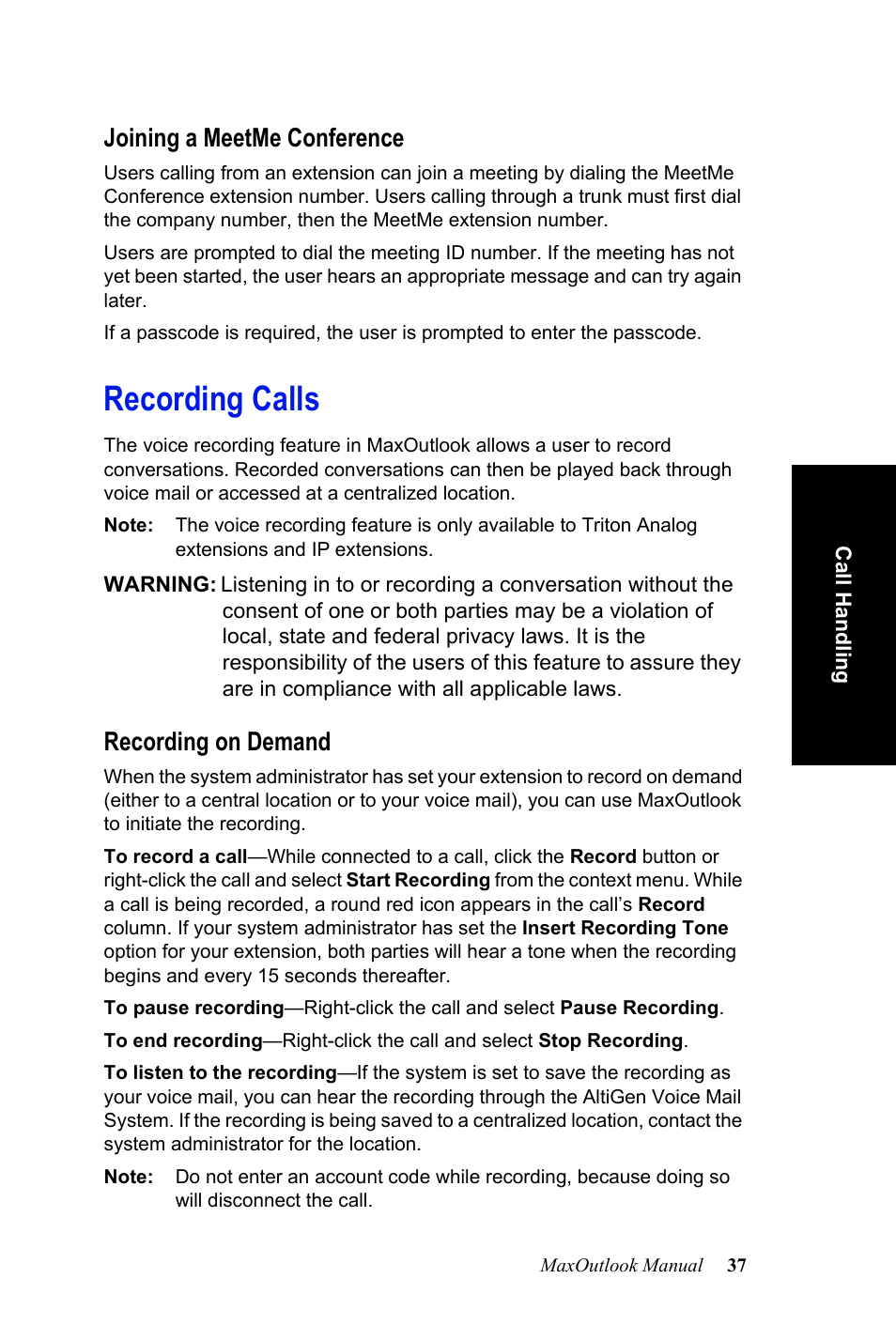 Joining a meetme conference, Recording calls, Recording on demand | AltiGen MAXCS 7.0 MaxOutlook User Manual | Page 43 / 81