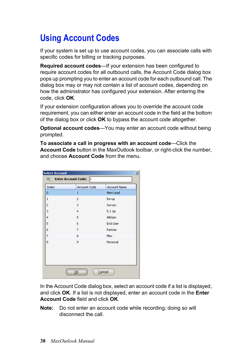 Using account codes | AltiGen MAXCS 7.0 MaxOutlook User Manual | Page 44 / 81