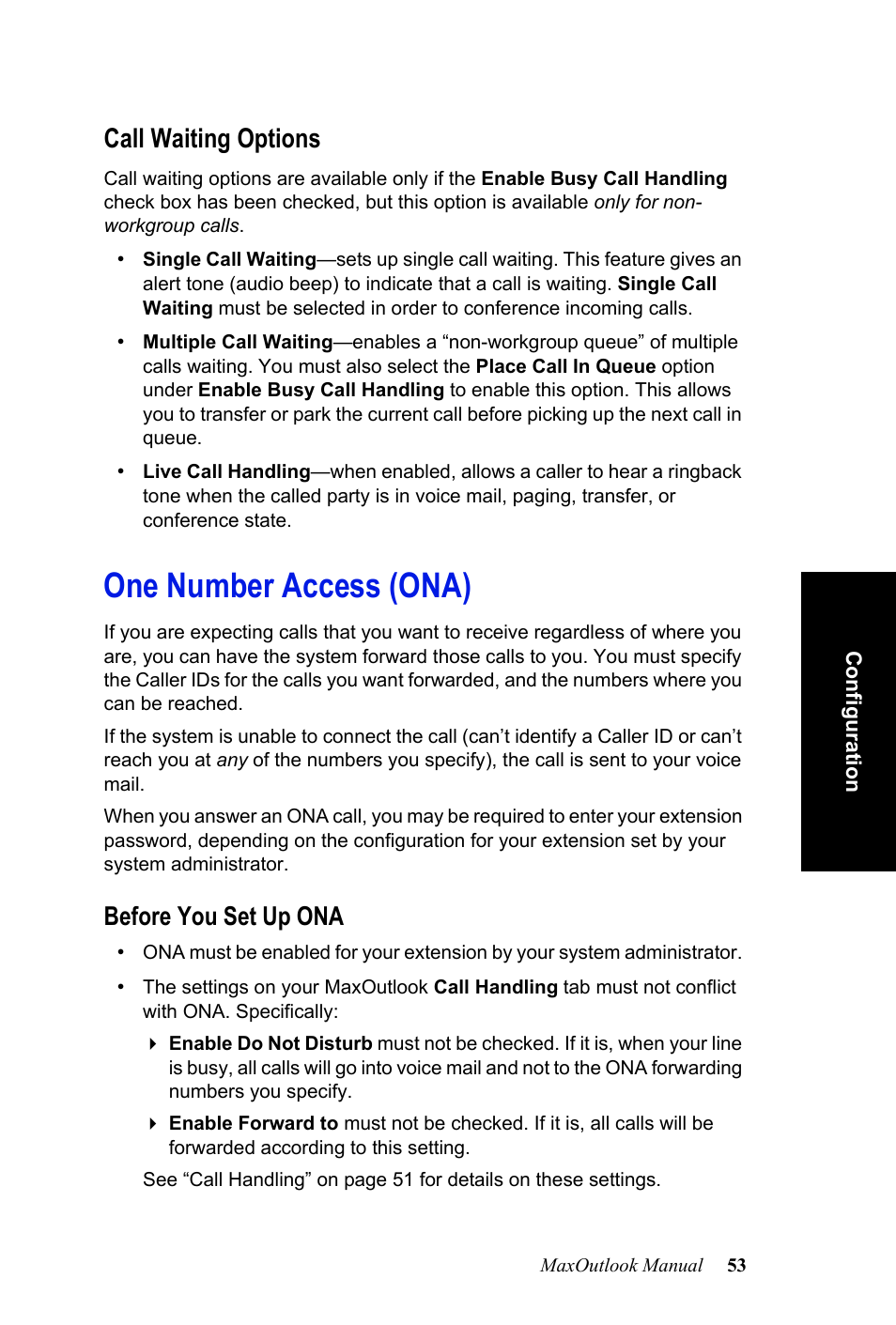 One number access (ona), Before you set up ona, Call waiting options | AltiGen MAXCS 7.0 MaxOutlook User Manual | Page 59 / 81