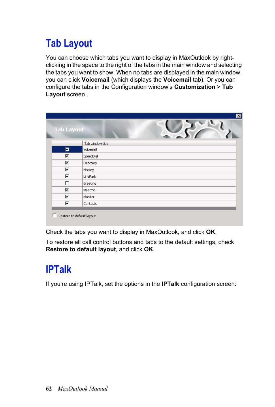 Tab layout, Iptalk, Tab layout iptalk | AltiGen MAXCS 7.0 MaxOutlook User Manual | Page 68 / 81