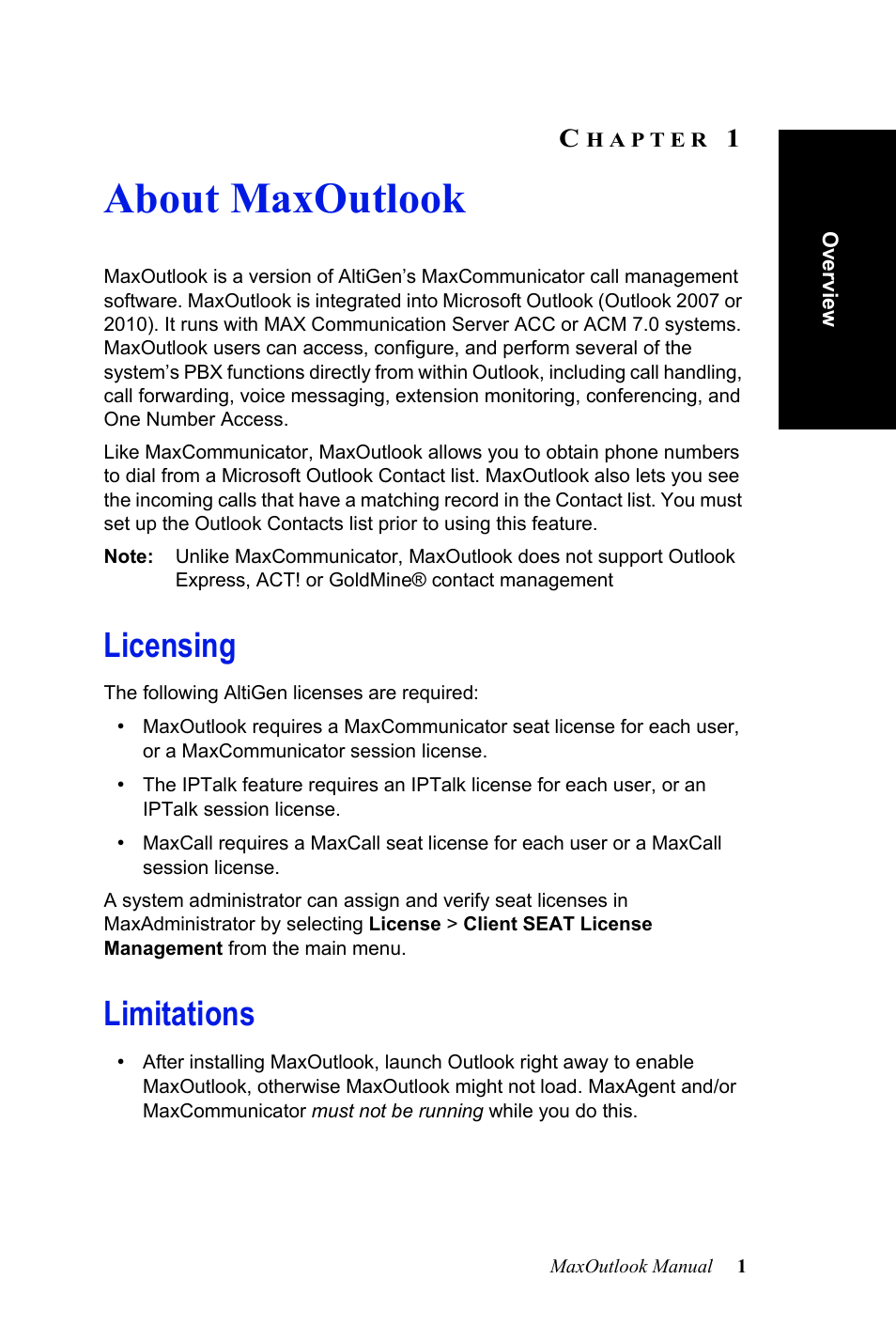 About maxoutlook, Licensing, Limitations | Hapter, Licensing limitations | AltiGen MAXCS 7.0 MaxOutlook User Manual | Page 7 / 81