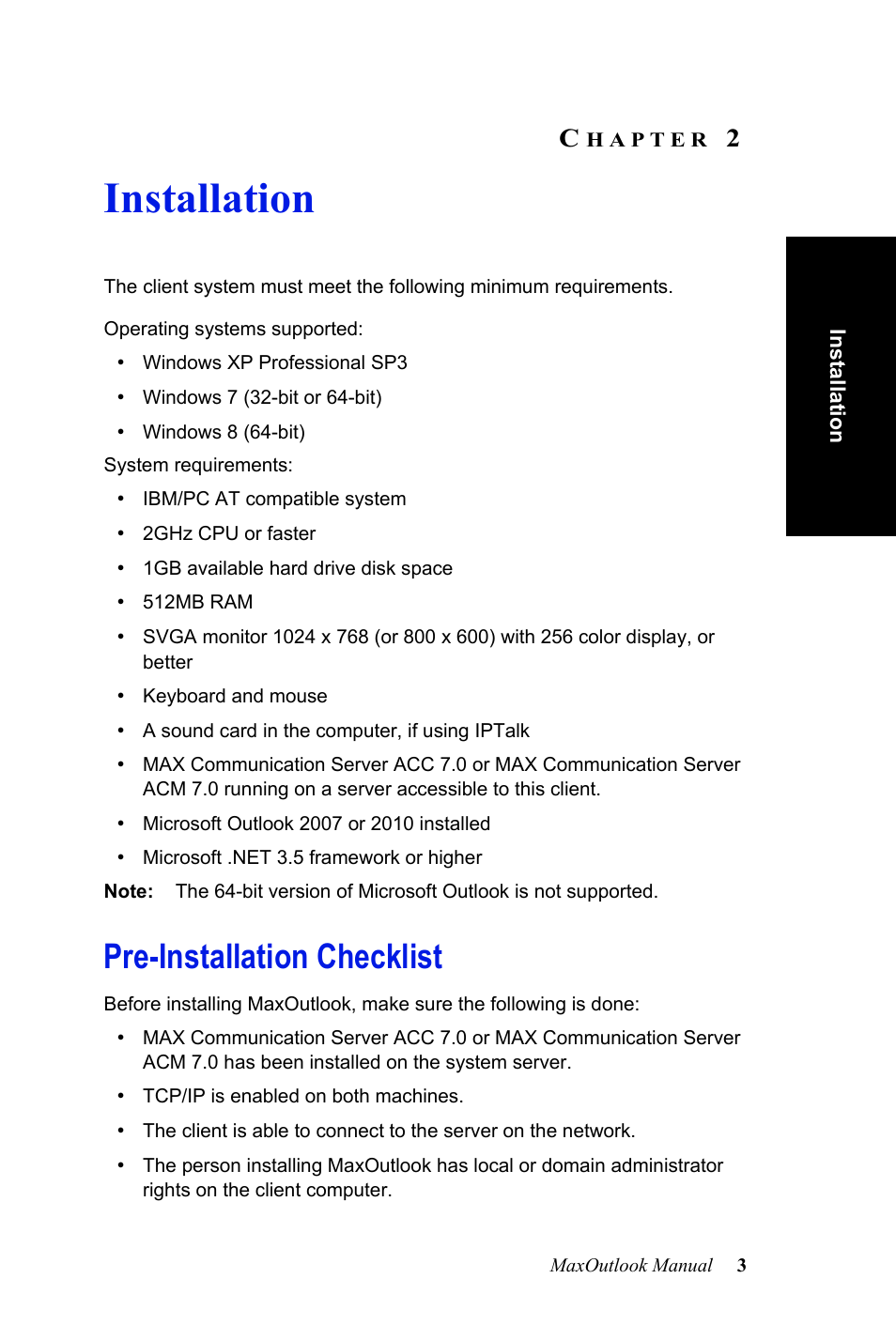 Installation, Pre-installation checklist, Hapter | AltiGen MAXCS 7.0 MaxOutlook User Manual | Page 9 / 81