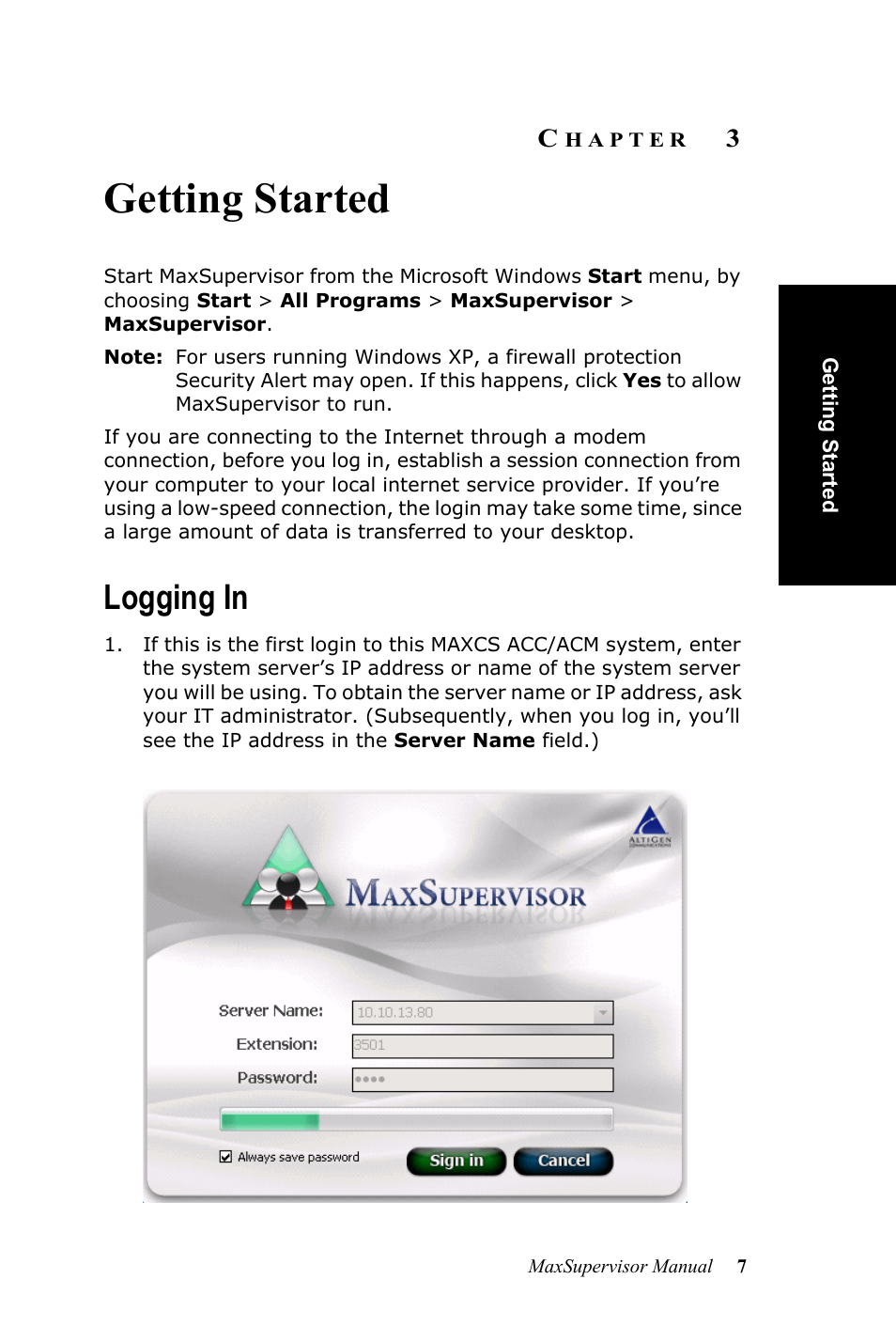 Getting started, Logging in, Hapter | AltiGen MAXCS 7.0 MaxSupervisor User Manual | Page 11 / 42