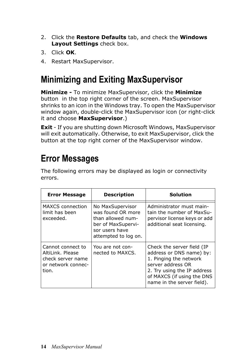 Minimizing and exiting maxsupervisor, Error messages | AltiGen MAXCS 7.0 MaxSupervisor User Manual | Page 18 / 42