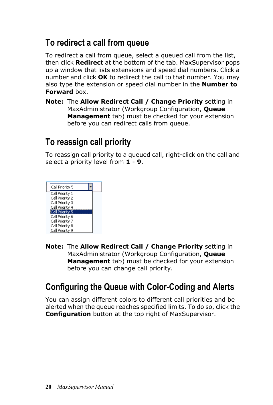 To redirect a call from queue, To reassign call priority, Configuring the queue with color-coding and alerts | AltiGen MAXCS 7.0 MaxSupervisor User Manual | Page 24 / 42