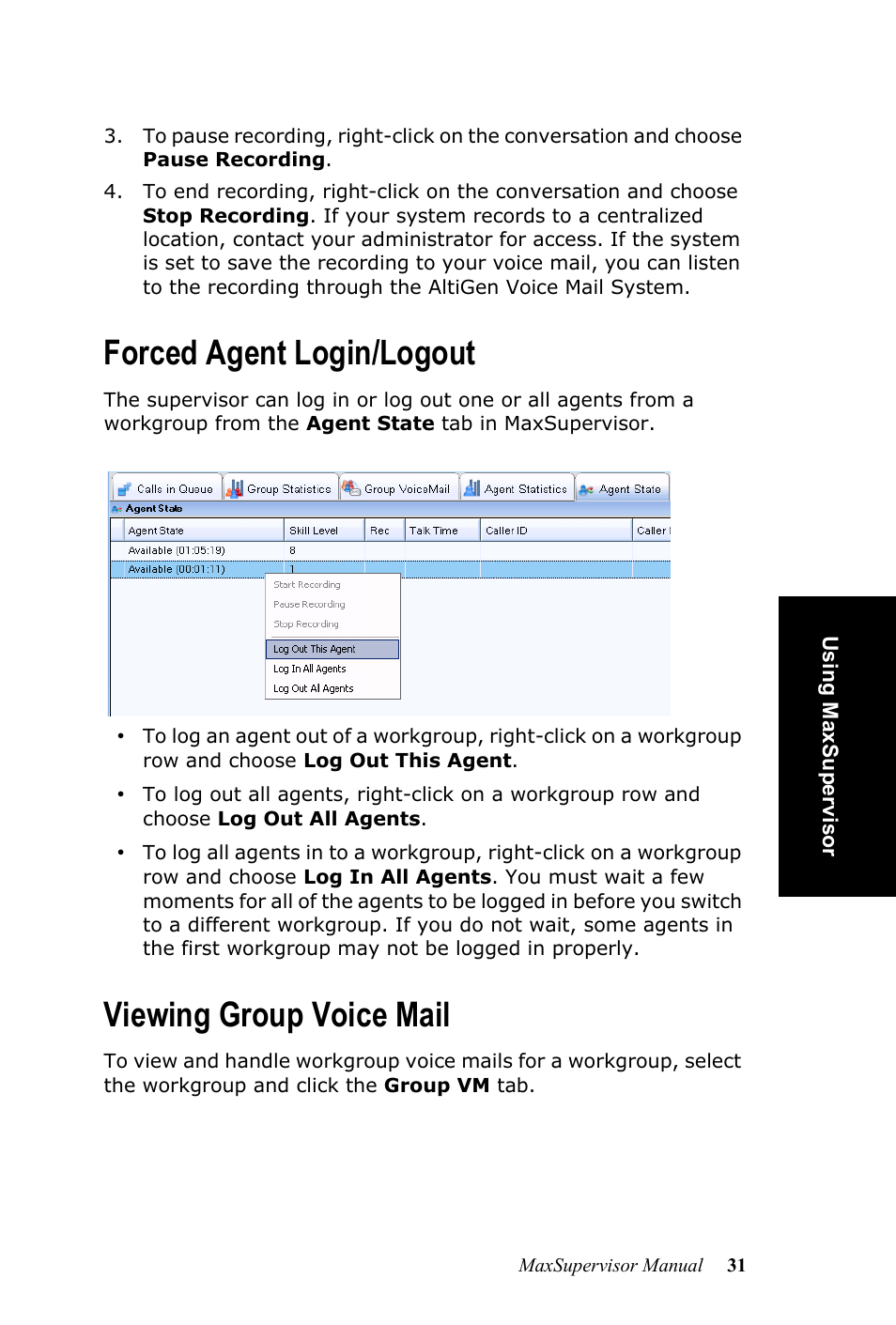 Forced agent login/logout, Viewing group voice mail, Forced agent login/logout viewing group voice mail | AltiGen MAXCS 7.0 MaxSupervisor User Manual | Page 35 / 42