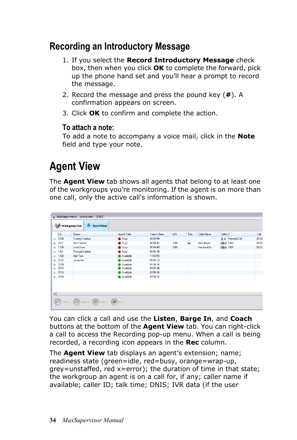 Recording an introductory message, Agent view | AltiGen MAXCS 7.0 MaxSupervisor User Manual | Page 38 / 42