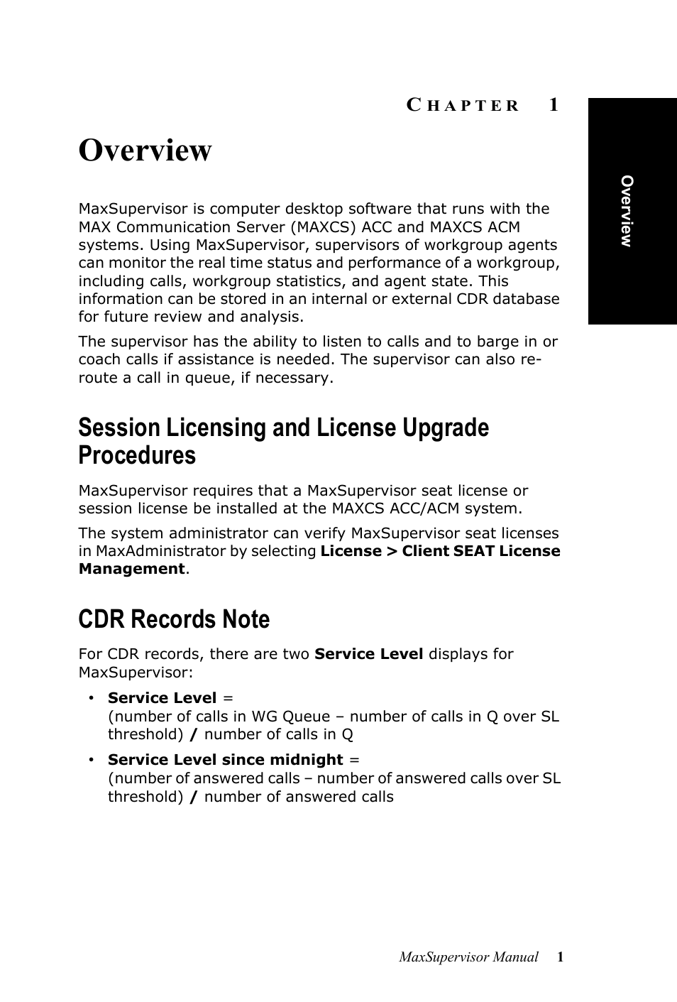 Overview, Session licensing and license upgrade procedures, Cdr records note | Hapter | AltiGen MAXCS 7.0 MaxSupervisor User Manual | Page 5 / 42