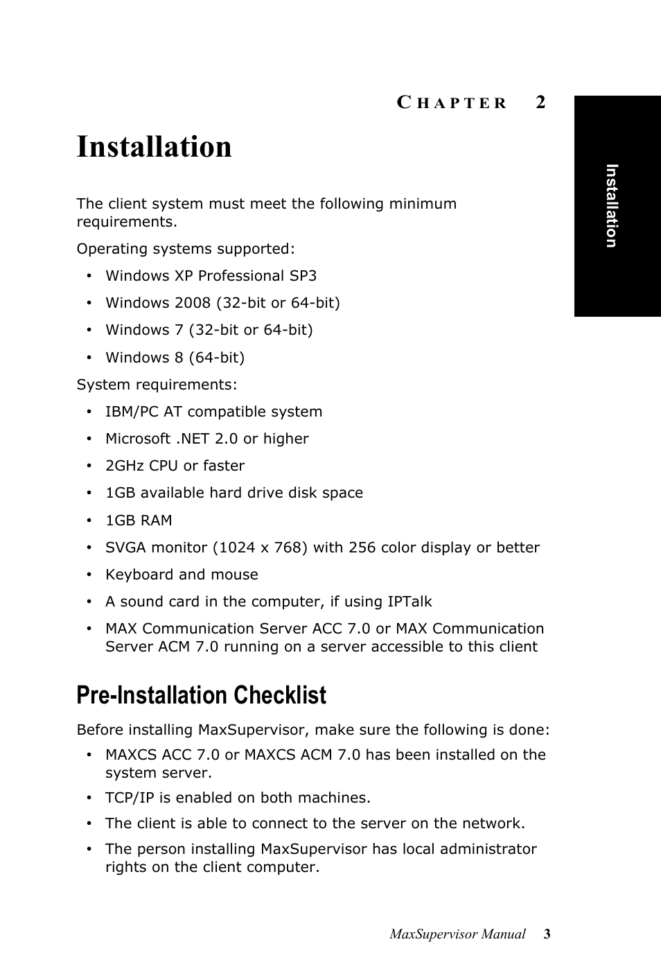 Installation, Pre-installation checklist, Hapter | AltiGen MAXCS 7.0 MaxSupervisor User Manual | Page 7 / 42