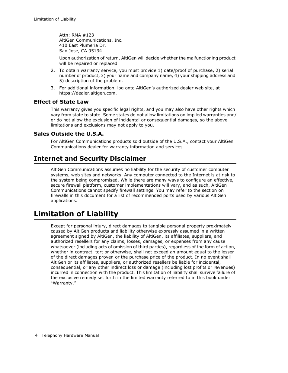 Internet and security disclaimer, Limitation of liability | AltiGen MAXCS 7.0 Telephony Hardware User Manual | Page 10 / 68