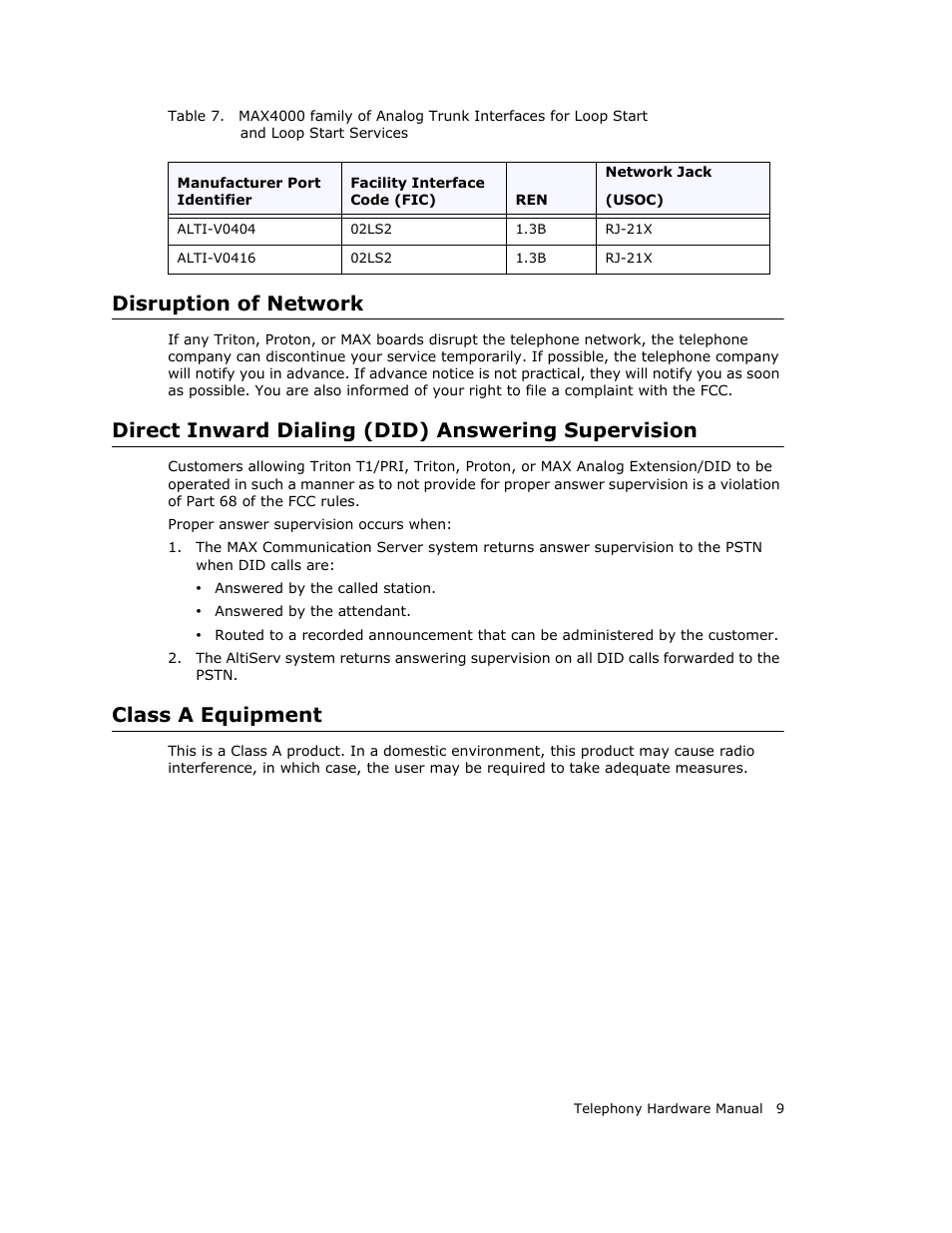 Disruption of network, Direct inward dialing (did) answering supervision, Class a equipment | AltiGen MAXCS 7.0 Telephony Hardware User Manual | Page 15 / 68