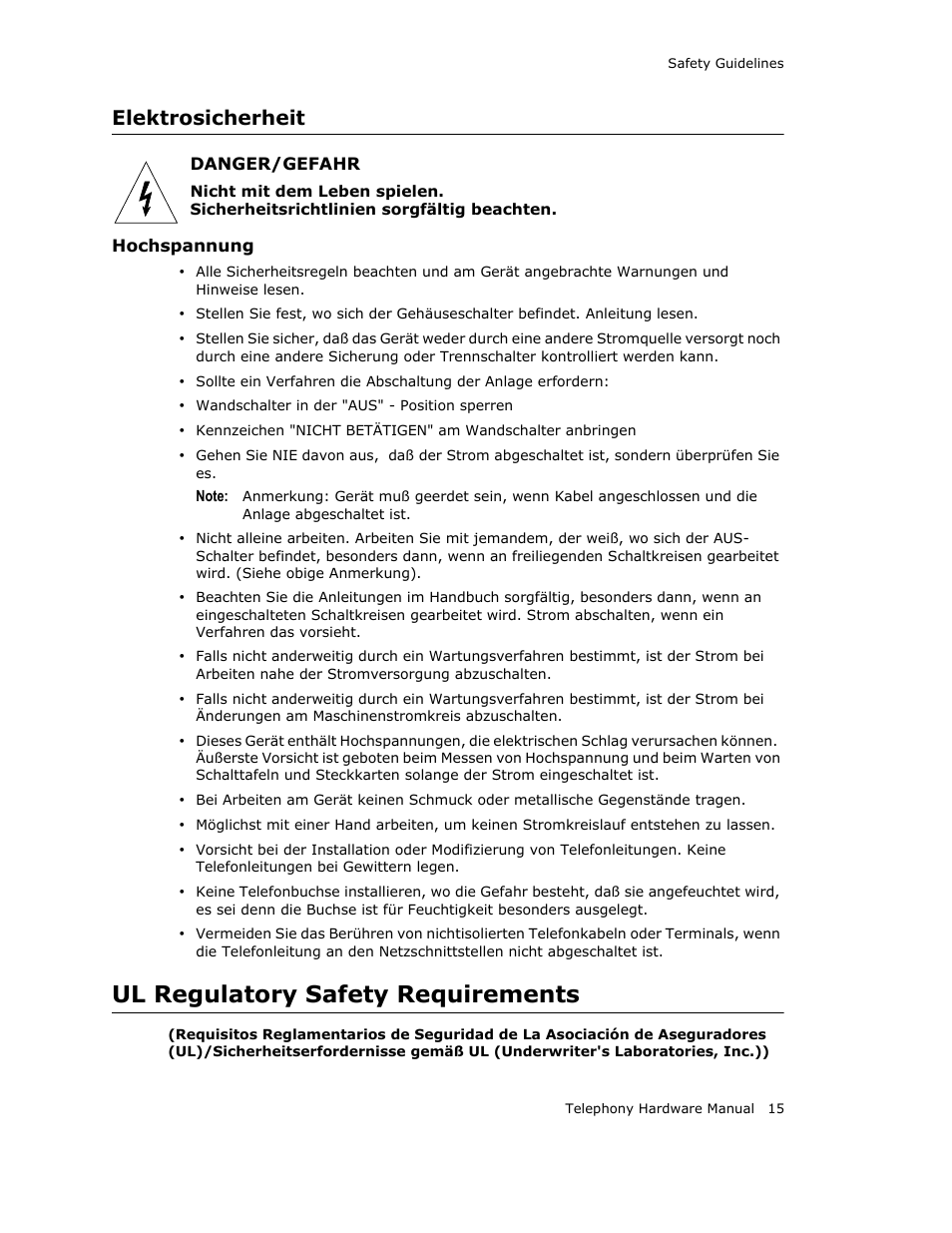 Elektrosicherheit, Ul regulatory safety requirements | AltiGen MAXCS 7.0 Telephony Hardware User Manual | Page 21 / 68