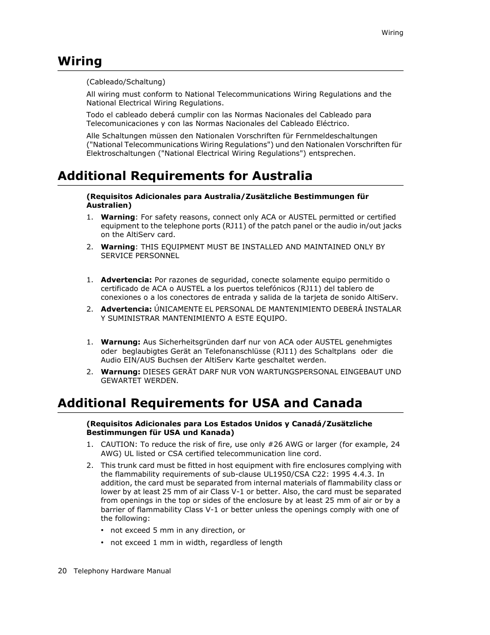 Wiring, Additional requirements for australia, Additional requirements for usa and canada | AltiGen MAXCS 7.0 Telephony Hardware User Manual | Page 26 / 68