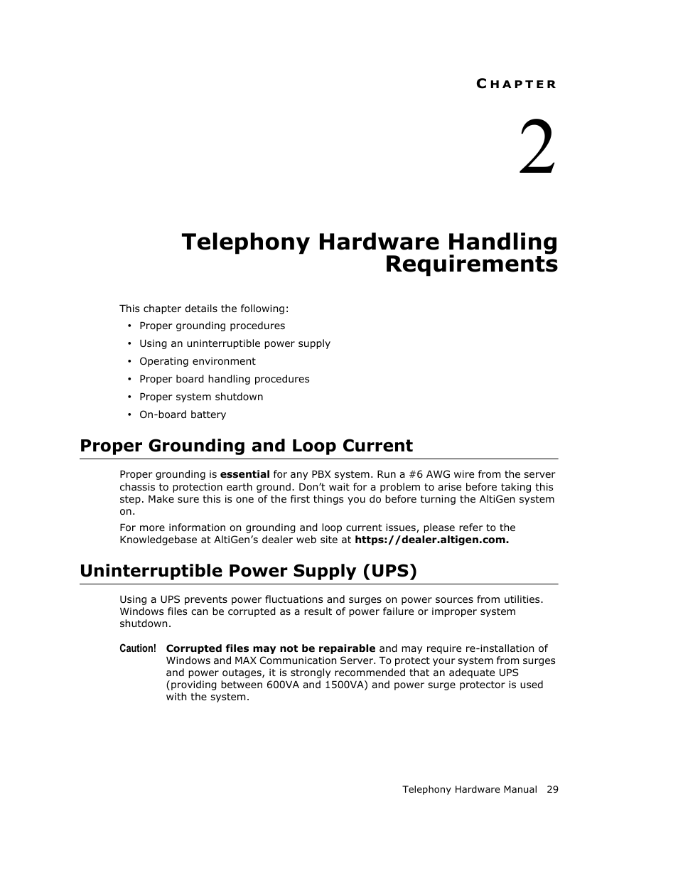 Telephony hardware handling requirements, Proper grounding and loop current, Uninterruptible power supply (ups) | Hapter | AltiGen MAXCS 7.0 Telephony Hardware User Manual | Page 35 / 68