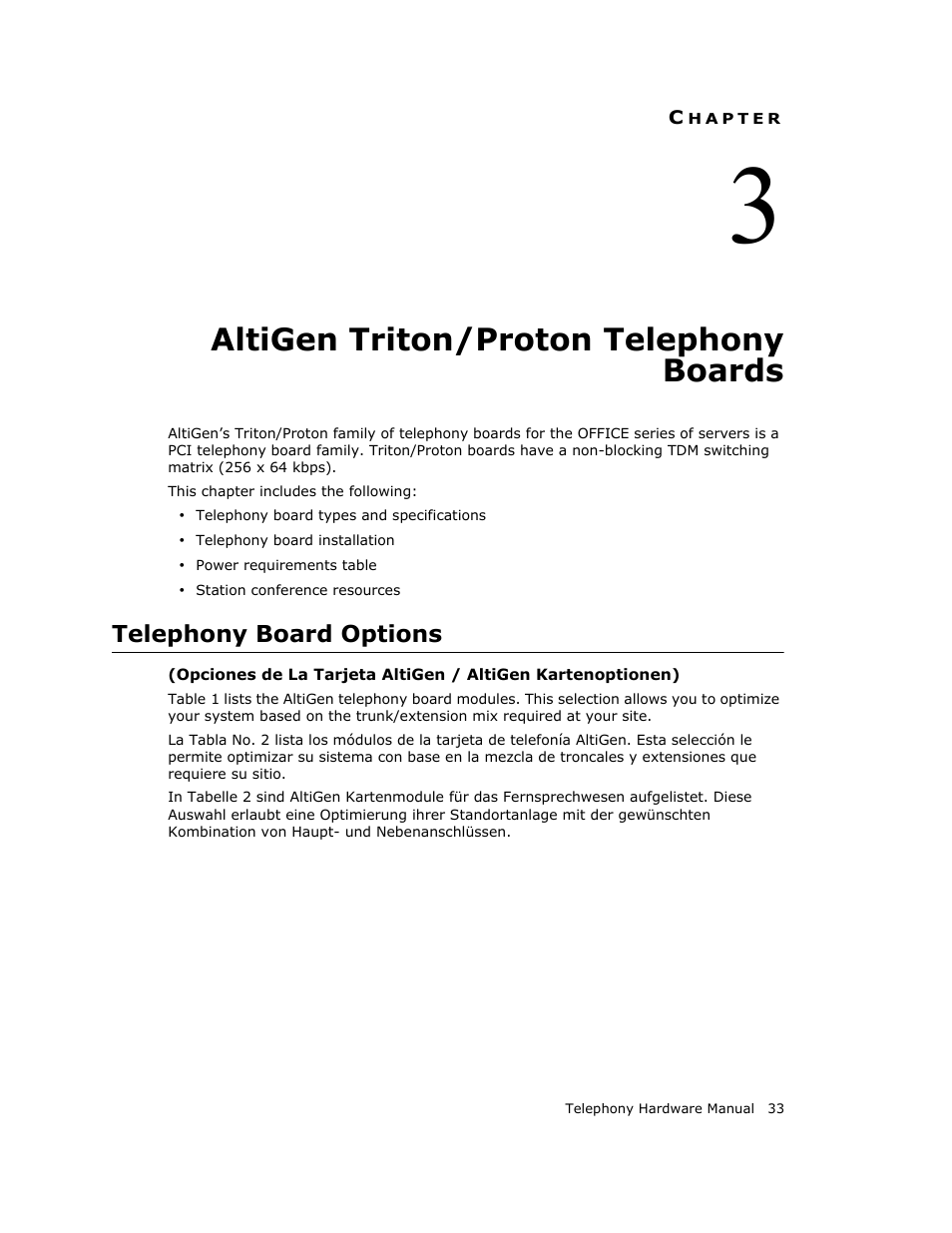 Altigen triton/proton telephony boards, Telephony board options, Hapter | AltiGen MAXCS 7.0 Telephony Hardware User Manual | Page 39 / 68