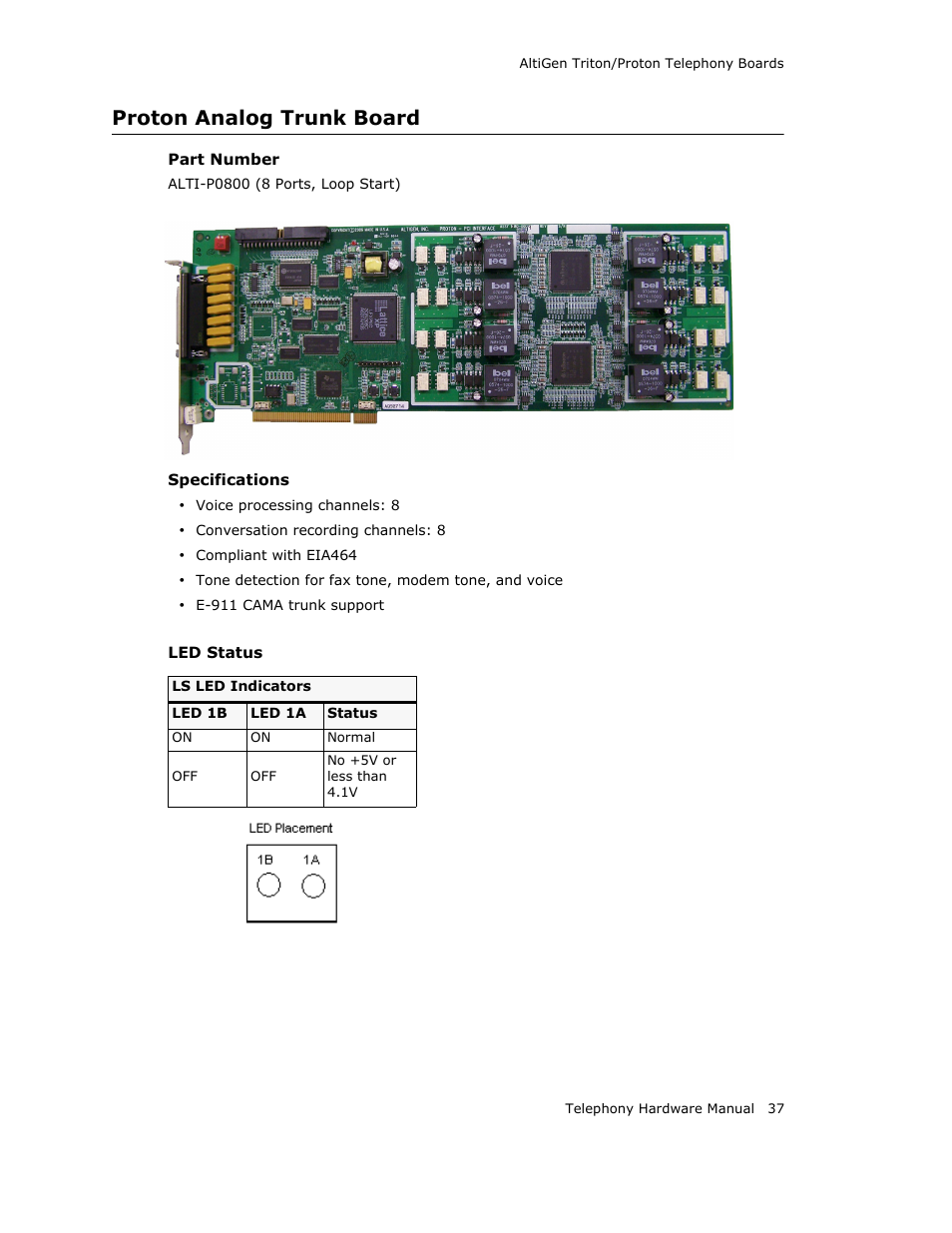 Proton analog trunk board | AltiGen MAXCS 7.0 Telephony Hardware User Manual | Page 43 / 68