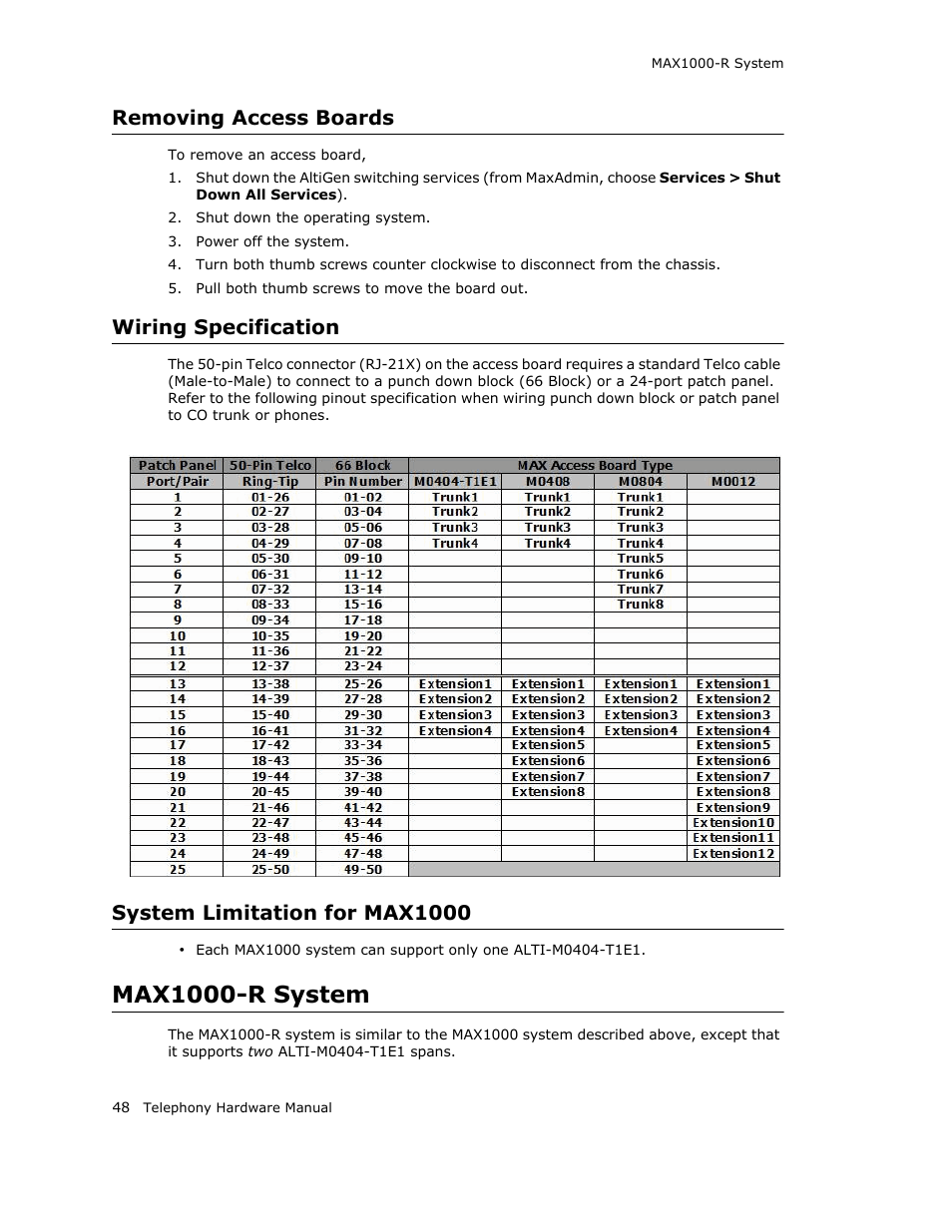 Removing access boards, Wiring specification, System limitation for max1000 | Max1000-r system | AltiGen MAXCS 7.0 Telephony Hardware User Manual | Page 54 / 68