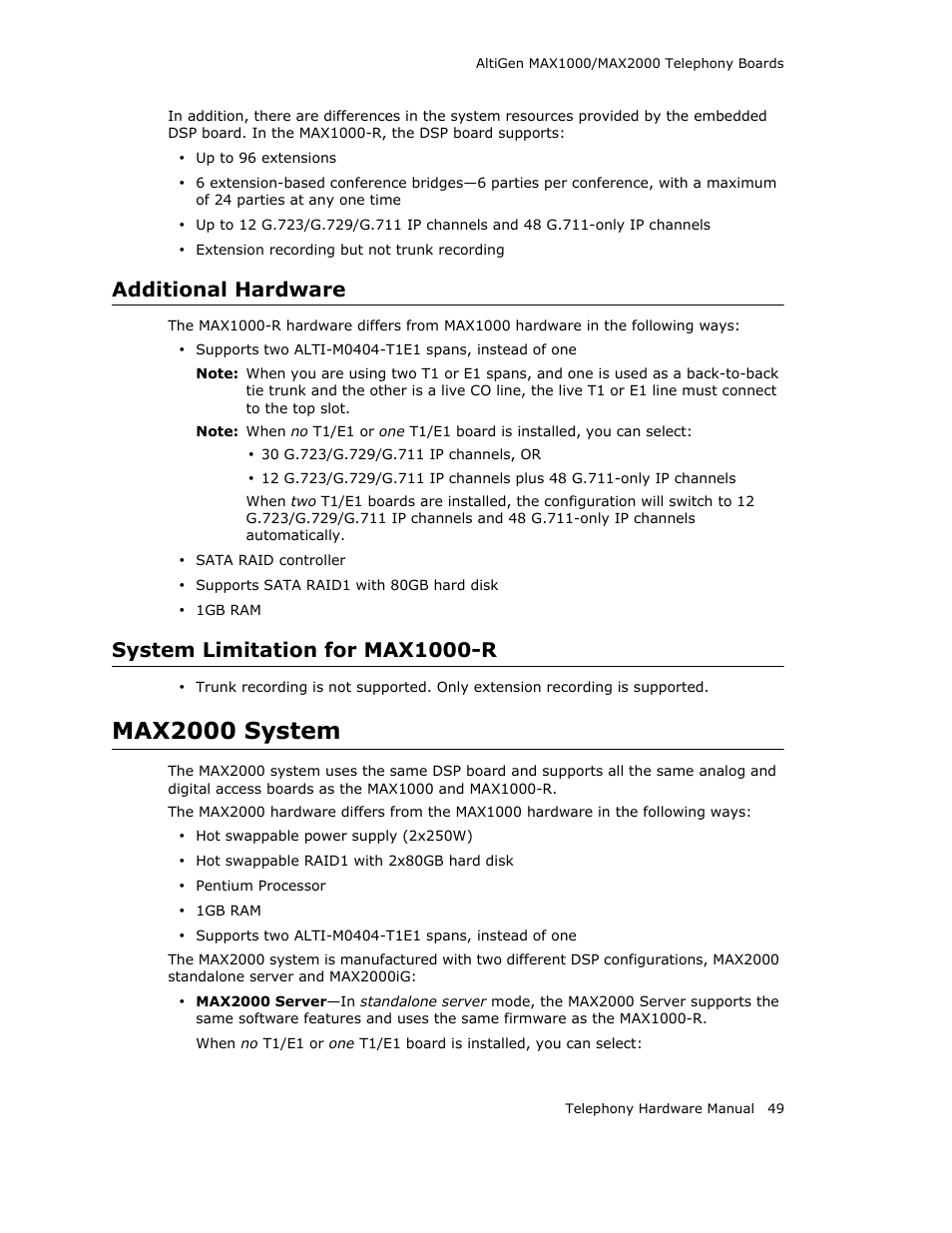 Additional hardware, System limitation for max1000-r, Max2000 system | AltiGen MAXCS 7.0 Telephony Hardware User Manual | Page 55 / 68