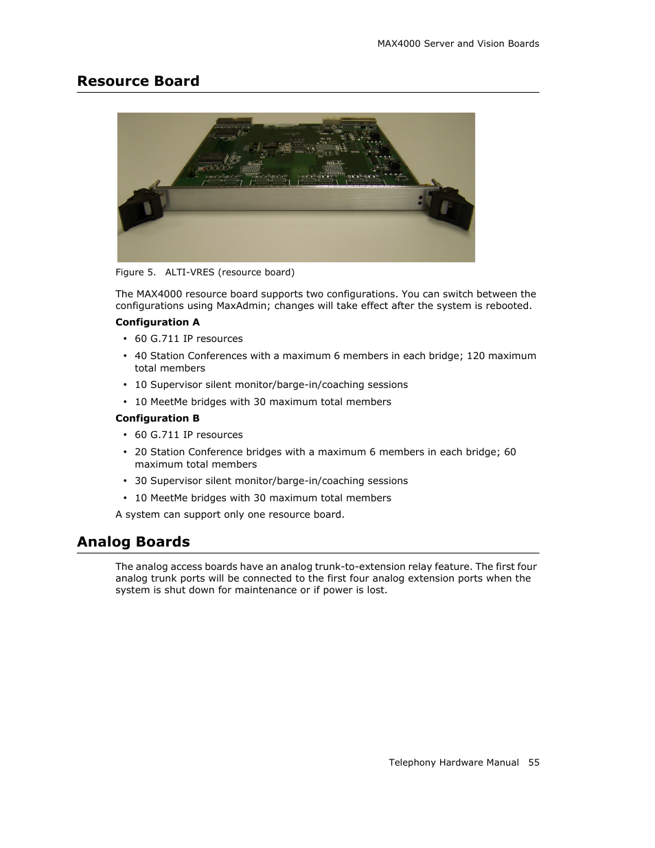 Resource board, Analog boards, Resource board analog boards | AltiGen MAXCS 7.0 Telephony Hardware User Manual | Page 61 / 68