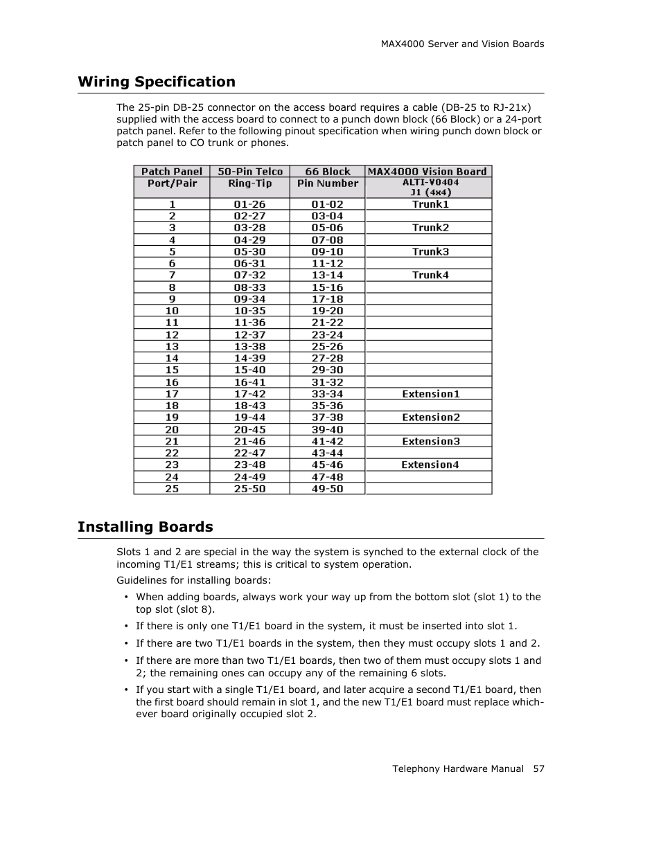Wiring specification, Installing boards, Wiring specification installing boards | AltiGen MAXCS 7.0 Telephony Hardware User Manual | Page 63 / 68