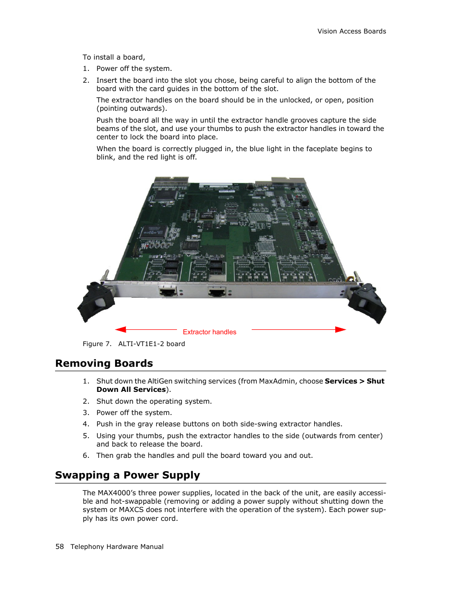 Removing boards, Swapping a power supply, Removing boards swapping a power supply | AltiGen MAXCS 7.0 Telephony Hardware User Manual | Page 64 / 68