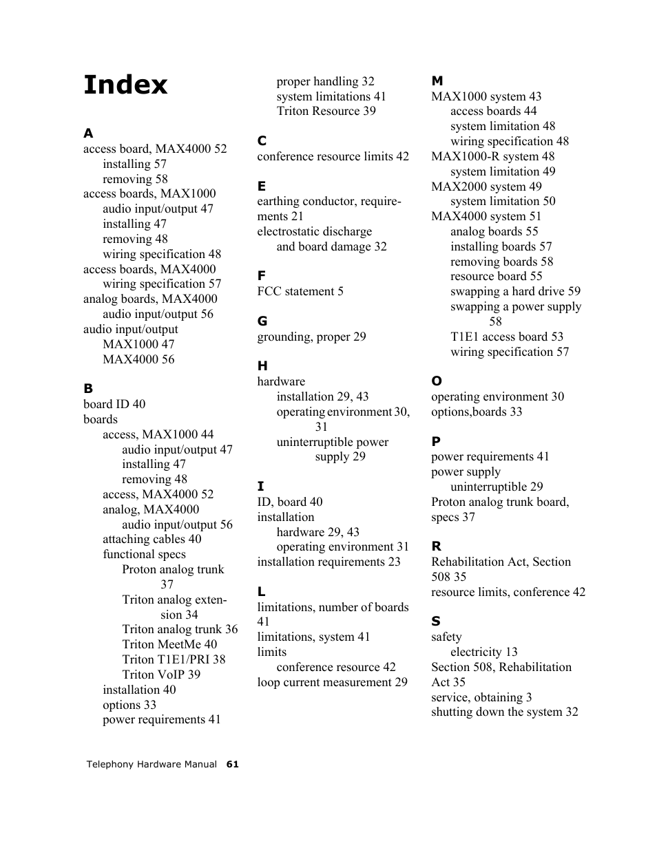 Index | AltiGen MAXCS 7.0 Telephony Hardware User Manual | Page 67 / 68