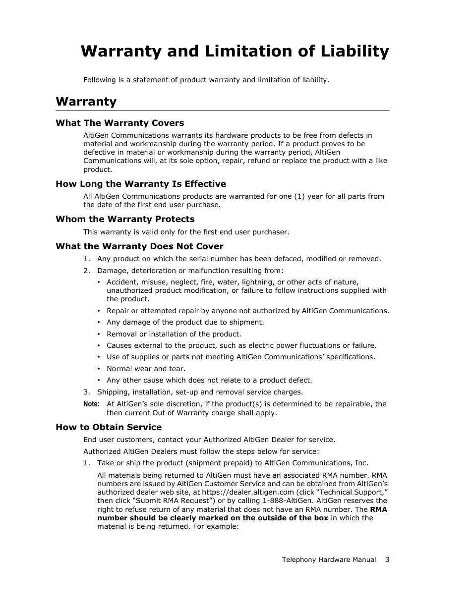 Warranty and limitation of liability, Warranty | AltiGen MAXCS 7.0 Telephony Hardware User Manual | Page 9 / 68