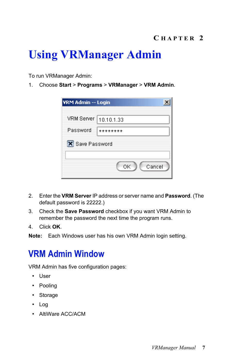 Using vrmanager admin, Vrm admin window, Hapter | AltiGen MAXCS 7.0 VRManager User Manual | Page 11 / 32