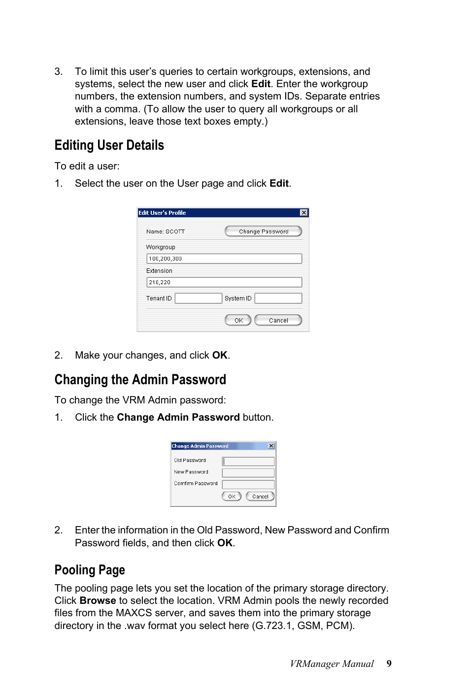 Editing user details, Changing the admin password, Editing user details changing the admin password | Pooling page | AltiGen MAXCS 7.0 VRManager User Manual | Page 13 / 32