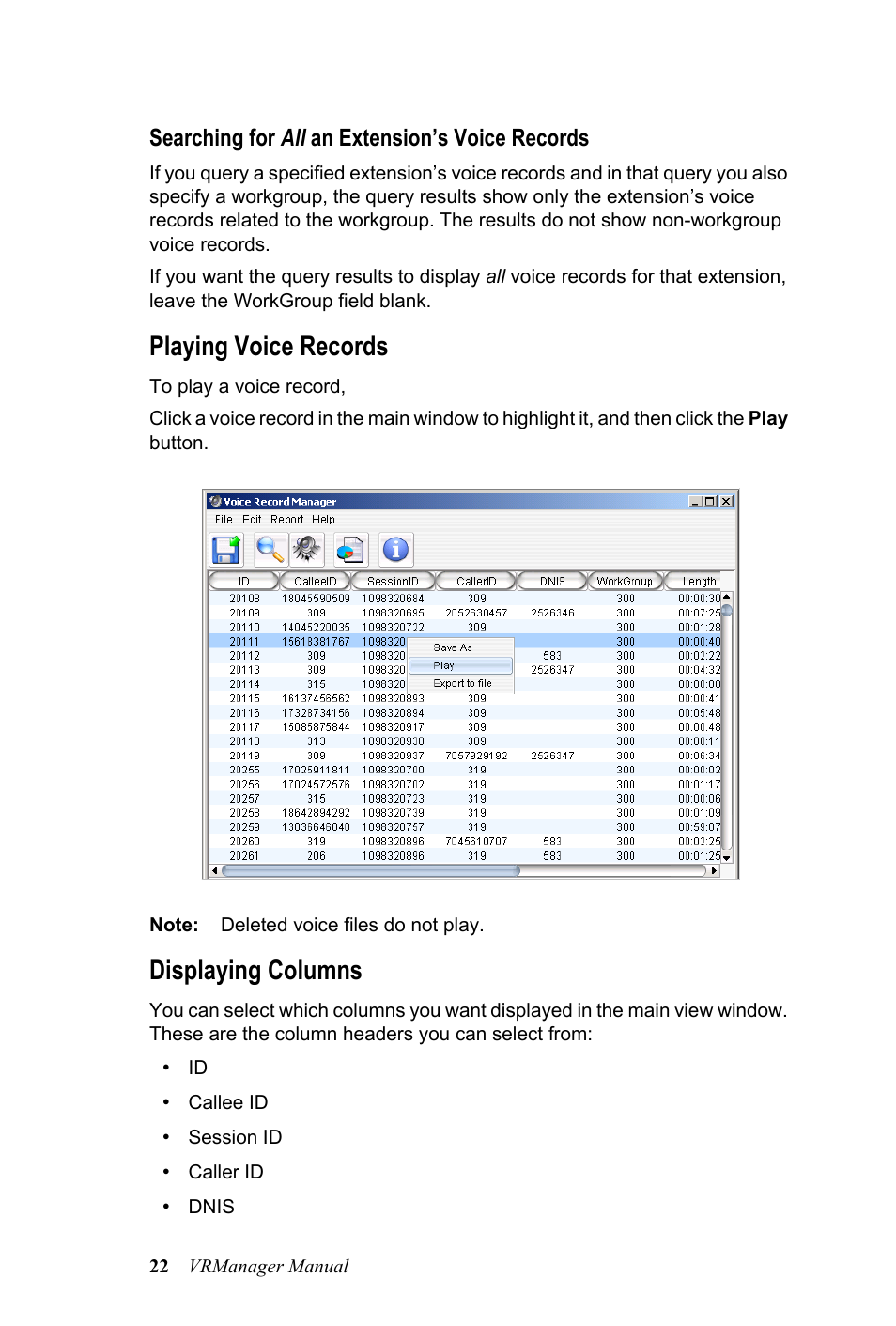 Playing voice records, Displaying columns, Playing voice records displaying columns | AltiGen MAXCS 7.0 VRManager User Manual | Page 26 / 32