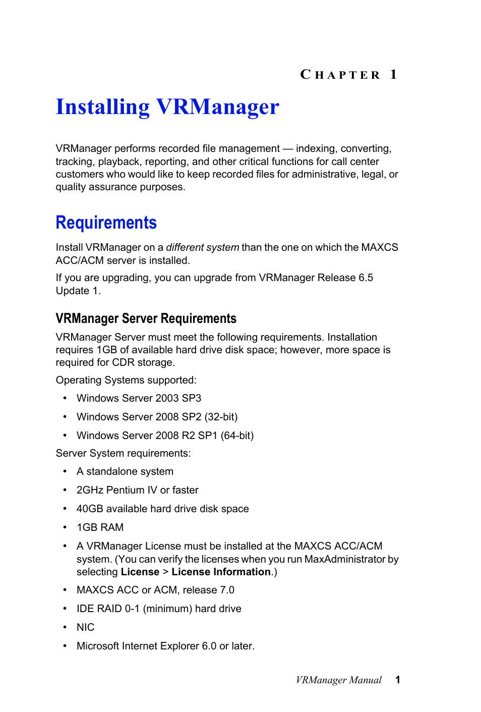 Installing vrmanager, Requirements, Vrmanager server requirements | Hapter | AltiGen MAXCS 7.0 VRManager User Manual | Page 5 / 32